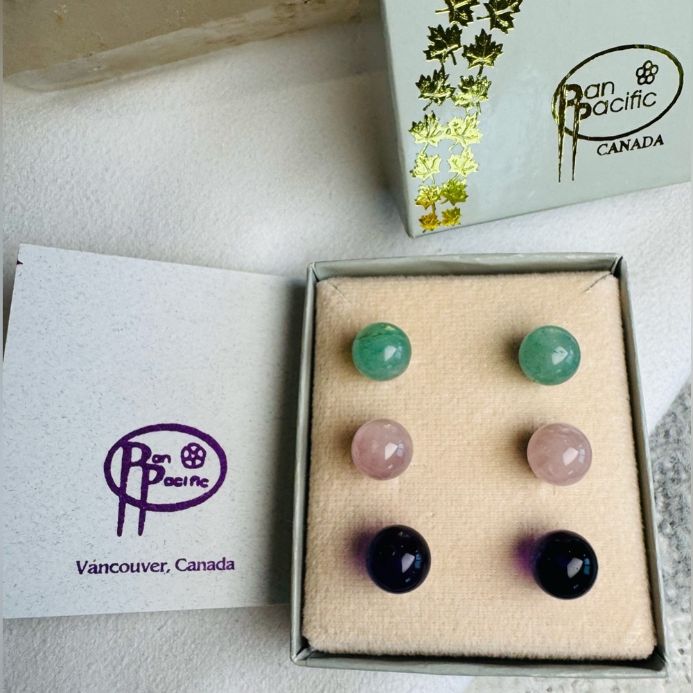 Amethyst,Jade, Rose Quartz Stud Earrings Set from Pan Pacific Vancouver BC NWOT - Picture 5 of 12